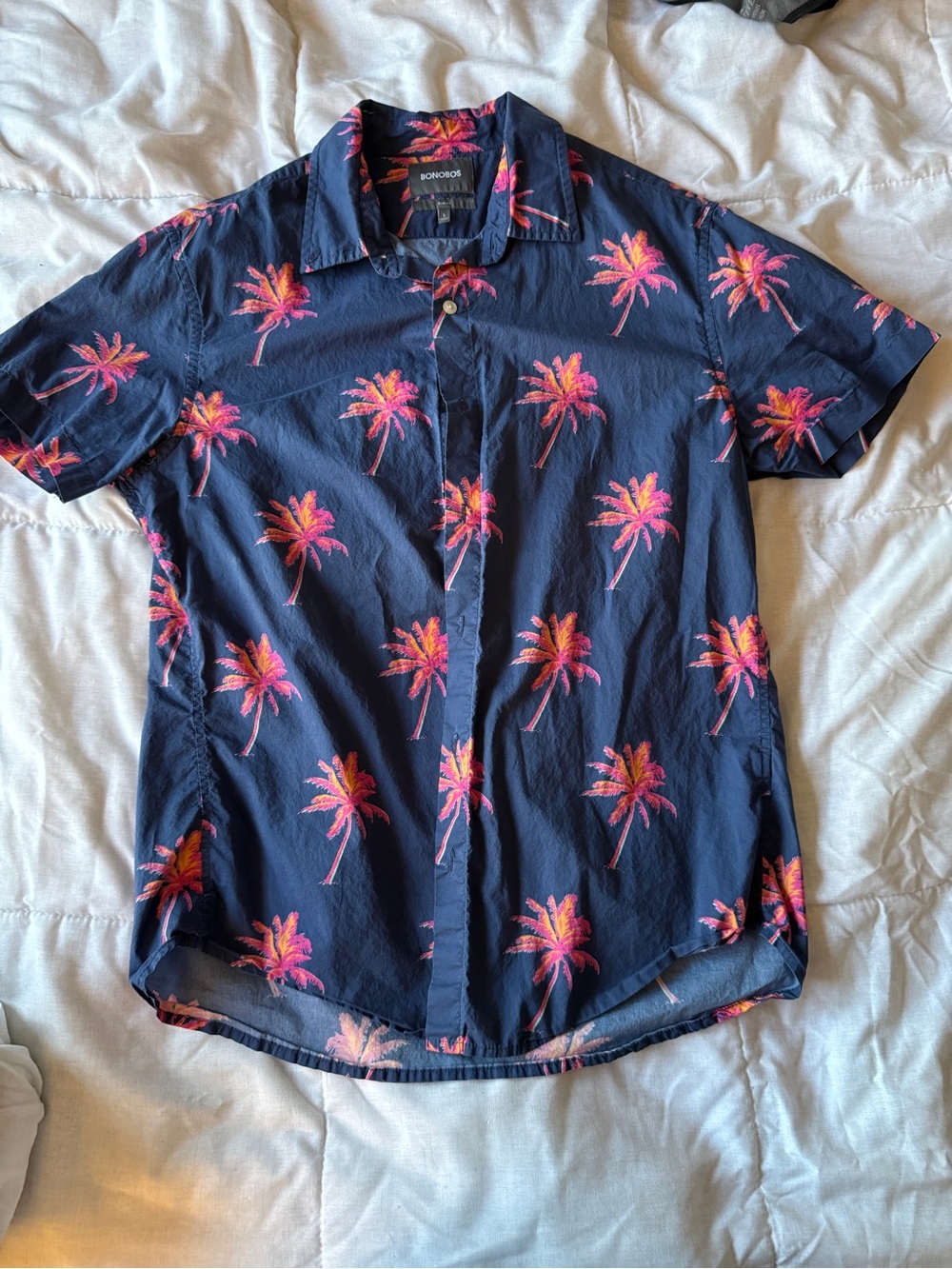 Bonobos Navy Short-Sleeve Shirt with Pink and Orange Palm Print